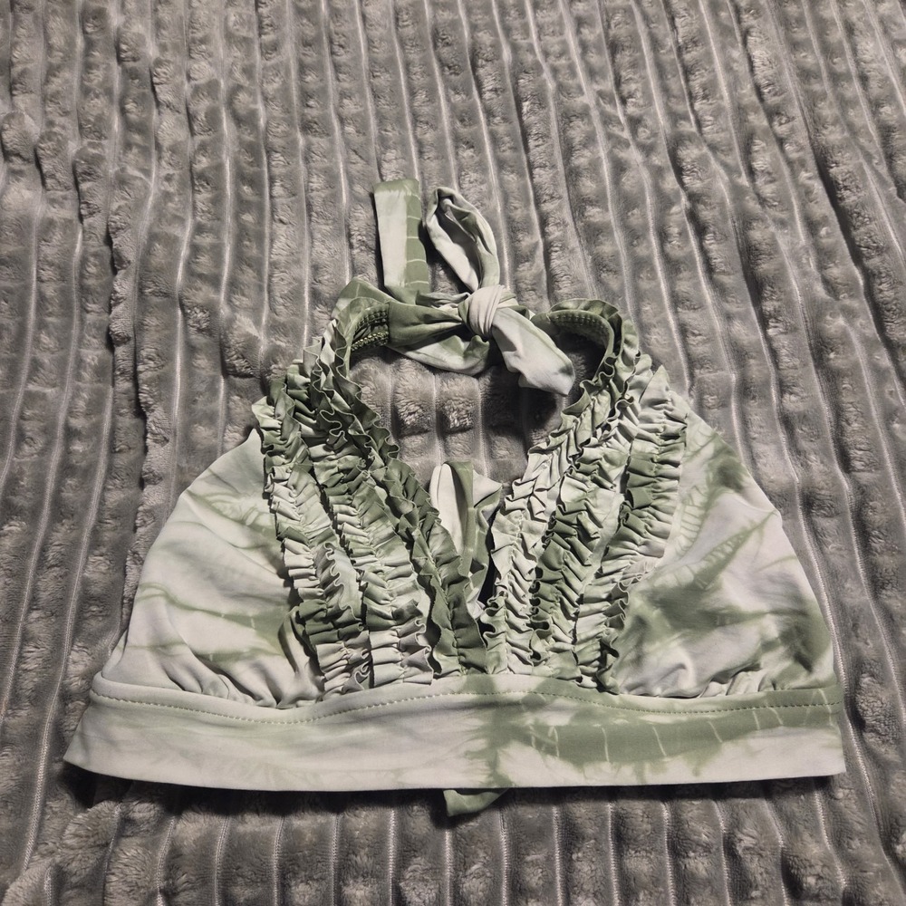 Lucky Brand Bikini Swim Top M Sage Green Tie Dye Ruffle Halter Ruched 212041